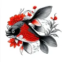  a small japanese koi fish with red and black scales , entwined with stylized red flowers and leaves tattoo design idea