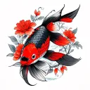  a small japanese koi fish with red and black scales , entwined with stylized red flowers and leaves tattoo design idea
