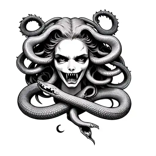 Gothic aggressive Medusa tattoo with fangs and snakes tattoo design idea
