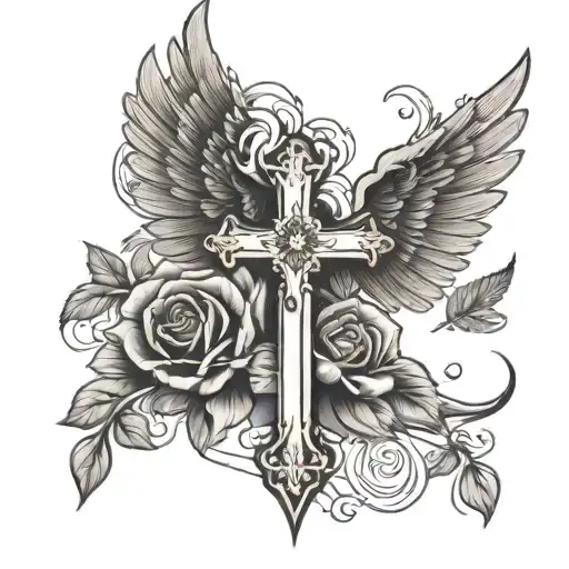 Wings, a rose and a cross of Jesus tattoo design idea