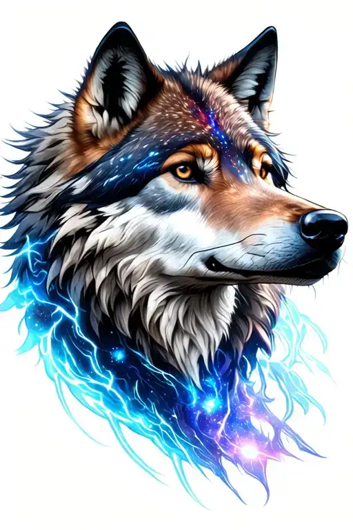 Create a wolf head tattoo, date of birth 22 07 2002 in Roman figures, electrical effects, galaxy effect, of tattoo design idea