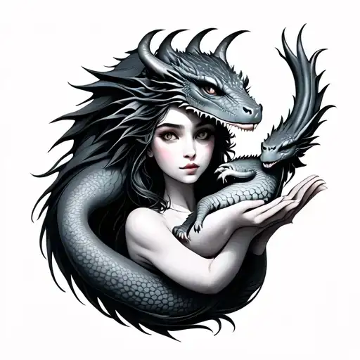 beautiful woman holding a baby dragon with open hands tattoo design idea