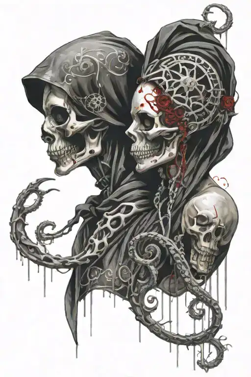 hooded skull reaper holding beautiful medusa woman by her chin and almost kissing her. both facing each other  tattoo design idea