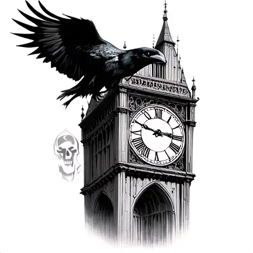 raven, skull, clock tower tattoo design idea