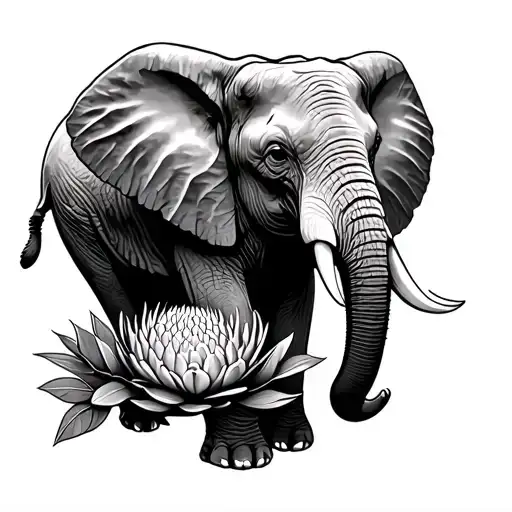 African elephant front profile with king protea flowers at bottom. outline and shading only tattoo design idea
