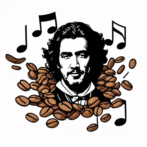 A tattoo design combining music notes and coffee beans intertwined with memes and fine line portraits of famous artists tattoo design idea