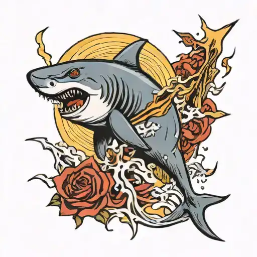 anthropomorphic shark hit by lightning tattoo design idea