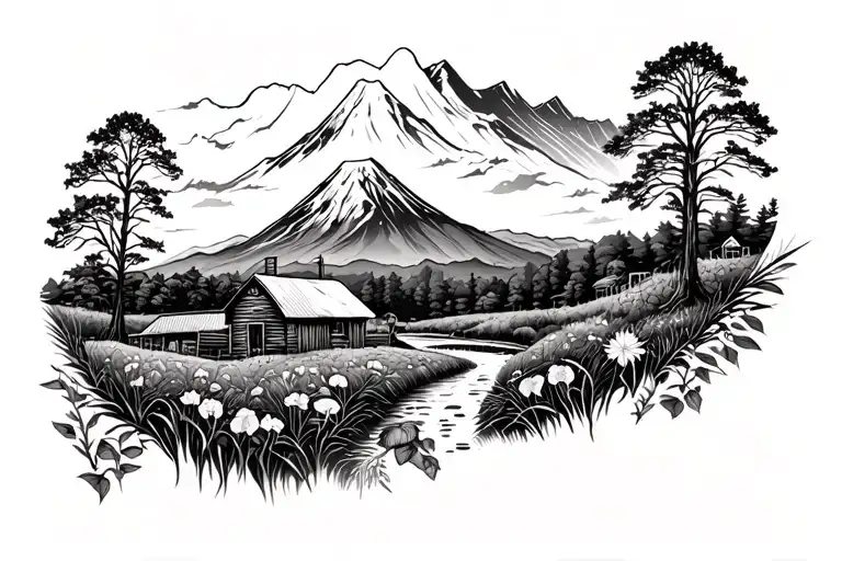 MT Taranaki and farm elements scattered throughout tattoo design idea