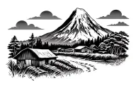 MT Taranaki and farm elements scattered throughout tattoo design idea