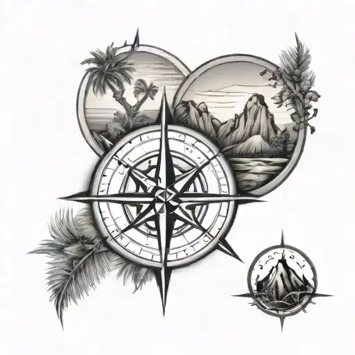 Matching father and son tattoos of a compass rose with Joshua trees and mountains as the backdrop tattoo design idea