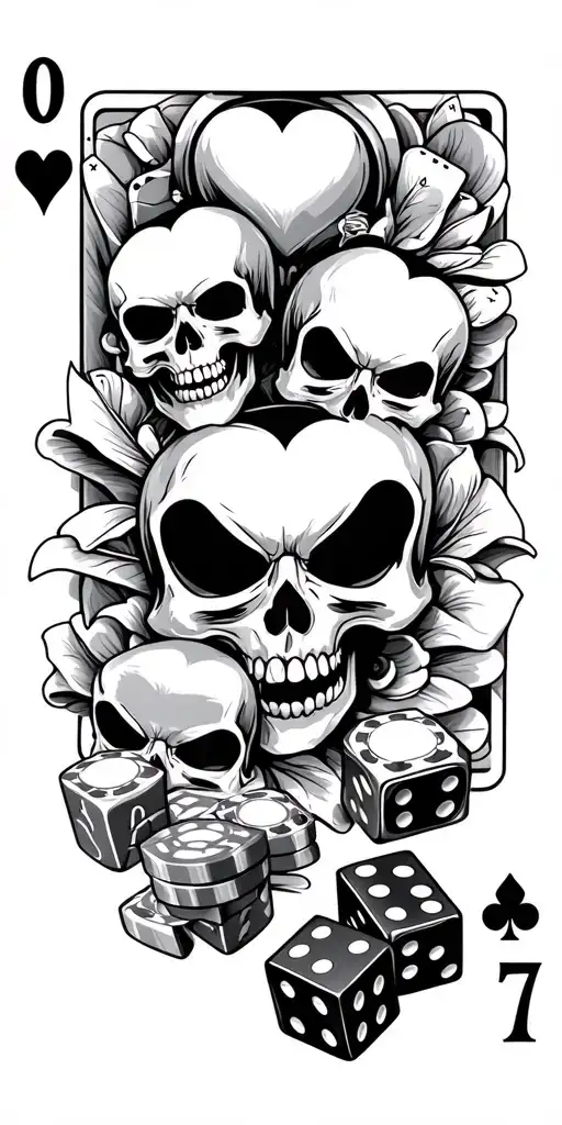 "hearts royal flush" cards have skulls for faces, poker chips, a 20 sided die showing 20, dice on 7 tattoo design idea