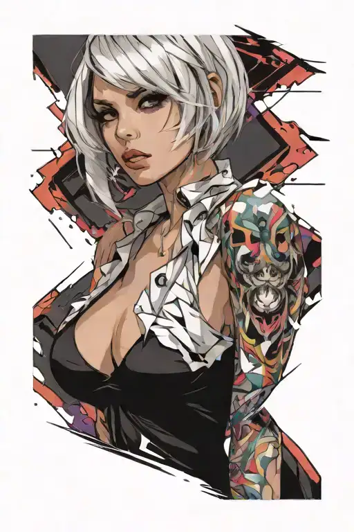 Sexy girl, Huge boobs, cleavage, petite, pure white eyes, torn clothing, short white bob hairstyle, waist up view  tattoo design idea
