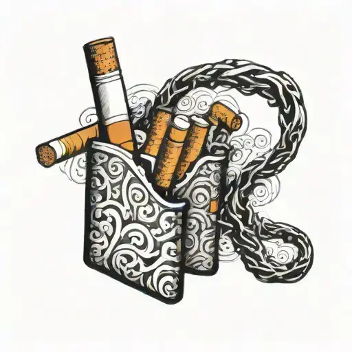 A pack of cigarettes with smoke forming into intricate patterns, symbolizing the struggle with addiction and mental health tattoo design idea