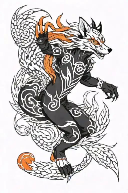 Create a Black and white tatoo sketch nine tail fox from anime Naruto, A kitsune with red-orange fur, human arms and nin tattoo design idea