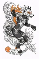 Create a Black and white tatoo sketch nine tail fox from anime Naruto, A kitsune with red-orange fur, human arms and nin tattoo design idea