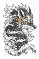 Create a Black and white tatoo sketch nine tail fox from anime Naruto, A kitsune with red-orange fur, human arms and nin tattoo design idea