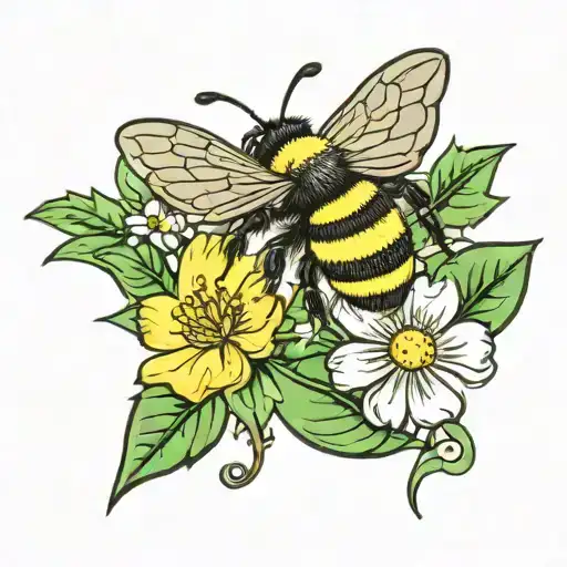 bumble bee carrying a holly leaf, four leaf clover, an olive branch and a daisy flower.  tattoo design idea