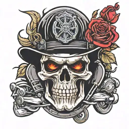 skull wearing fire fighter hat, red roses Harley Davidson motorcycle tattoo design idea