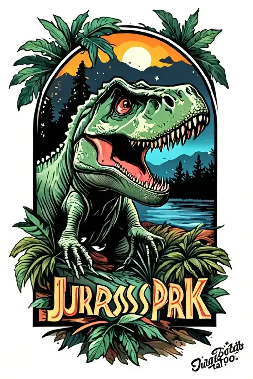 jurassic park style tattoo with some plants, a T-rex and the night sky tattoo design idea