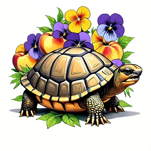 tortoise with peaches and pansies around it.  tattoo design idea