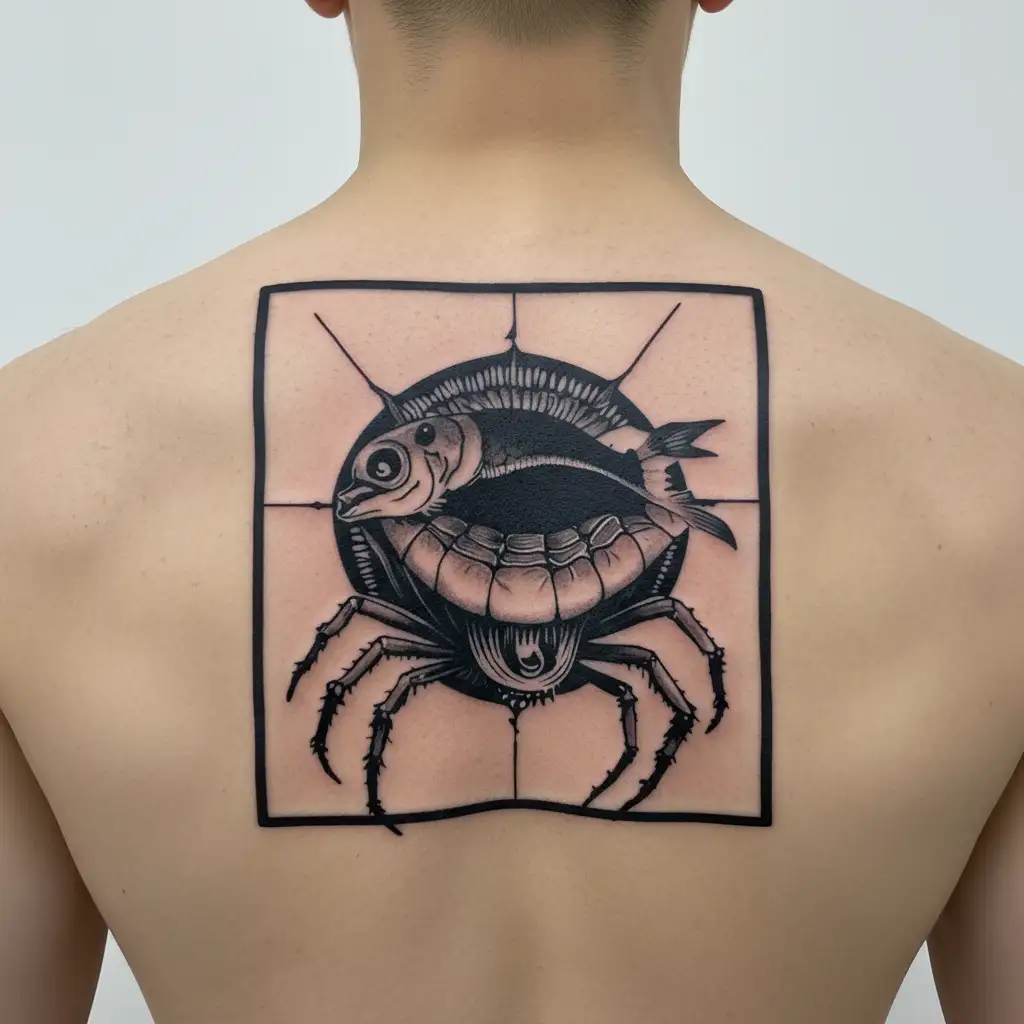 Venus Fly Trap fish and spiders web with a Hindi tattoo design idea
