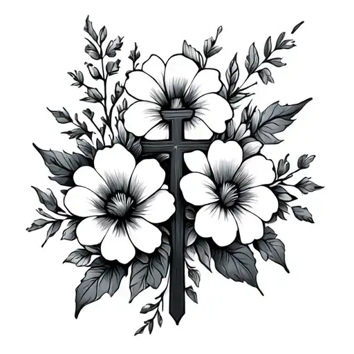 flowers and a cross dainty tattoo design idea