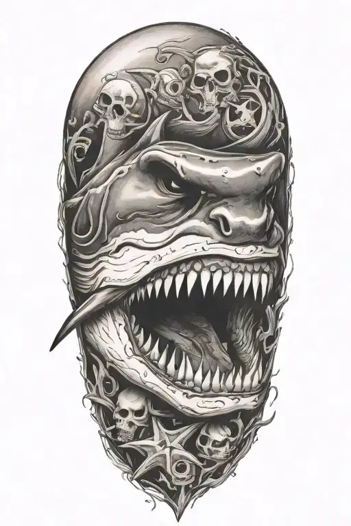shark with skull and crossbones tattoo design idea