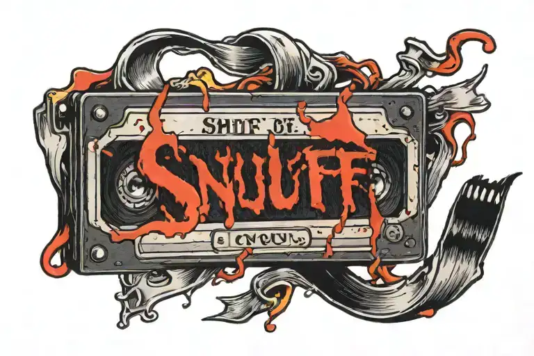 A tattoo of a bloody VHS tape with the word "SNUFF" written on the tape. tattoo design idea