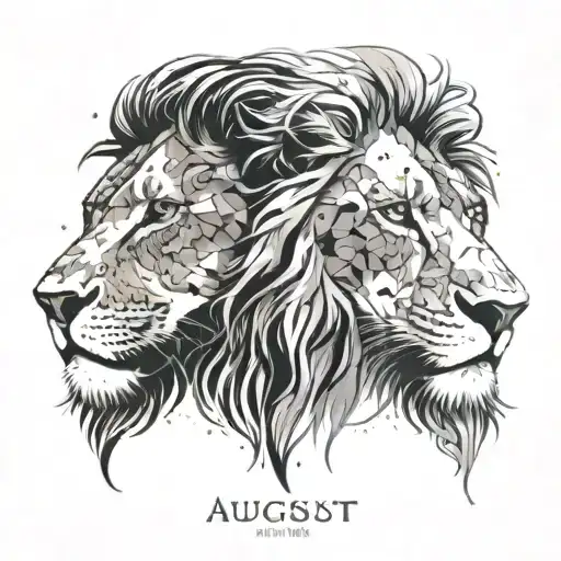 male female, lion, heads, touching, looking down with splatter incorporating August and July birthstones tattoo design idea