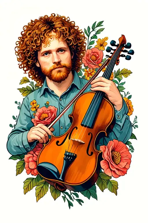 Tyler Childers holding a violin surrounded by flowers tattoo design idea
