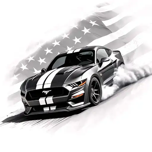 2018 ford mustang gt car going fast against an American flag background tattoo design idea