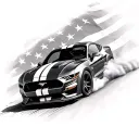 2018 ford mustang gt car going fast against an American flag background tattoo design idea