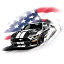 2018 ford mustang gt car going fast against an American flag background tattoo design idea