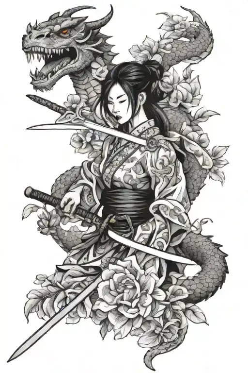 Japanese style woman holding a katana Infront of her face flowers around her facing a dragon . She wears a demon masc on tattoo design idea