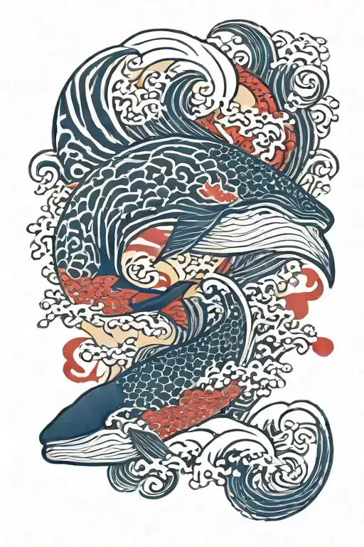 Navy blue and red whale, surrounded by waves crashing tattoo design idea