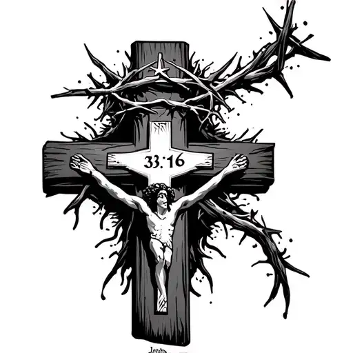 cross with john 3:16 in cross with crown of thorns on top tattoo design idea
