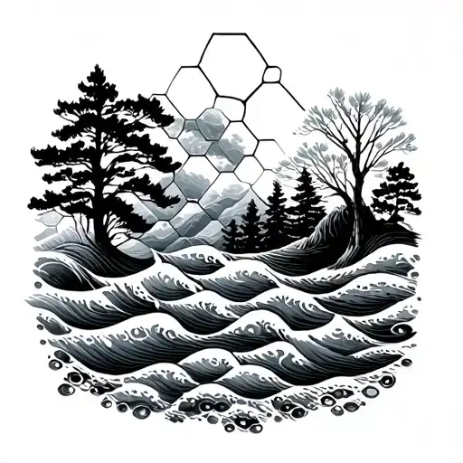 horizontal honeycombs with waves and trees tattoo design idea
