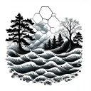 horizontal honeycombs with waves and trees tattoo design idea