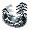 horizontal honeycombs with waves and trees tattoo design idea
