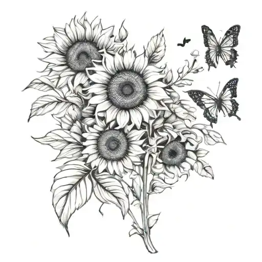 sunflowers witholive branch with a butterfly in middle and bees around the sunflowers with verse Romans 8:28 @ bottom   tattoo design idea