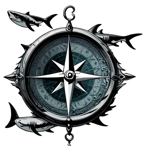 compass under water with sharks swimming tattoo design idea