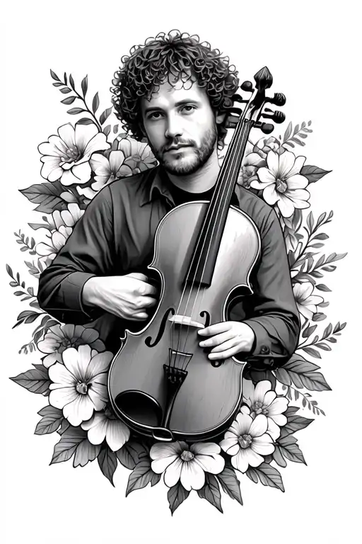 Tyler Childers holding a violin surrounded by flowers tattoo design idea