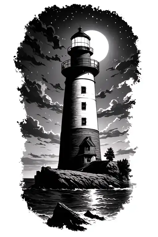 Black and grey realism with fine shading. A lighthouse at night. tattoo design idea