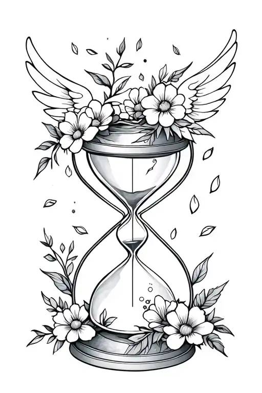 hourglass with wings and flowers and petals around as a background tattoo design idea