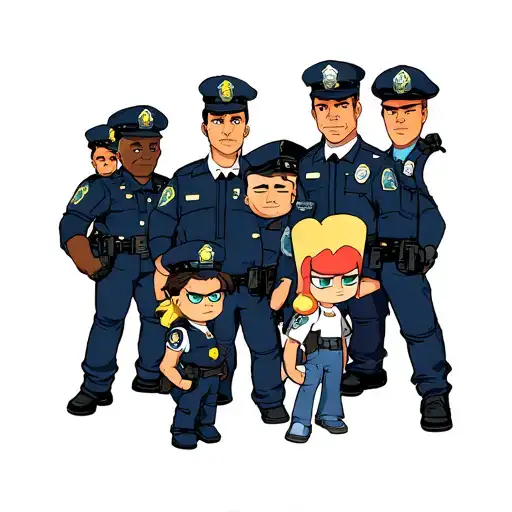 A mashup of various 90's cartoon characters in a police lineup tattoo design idea