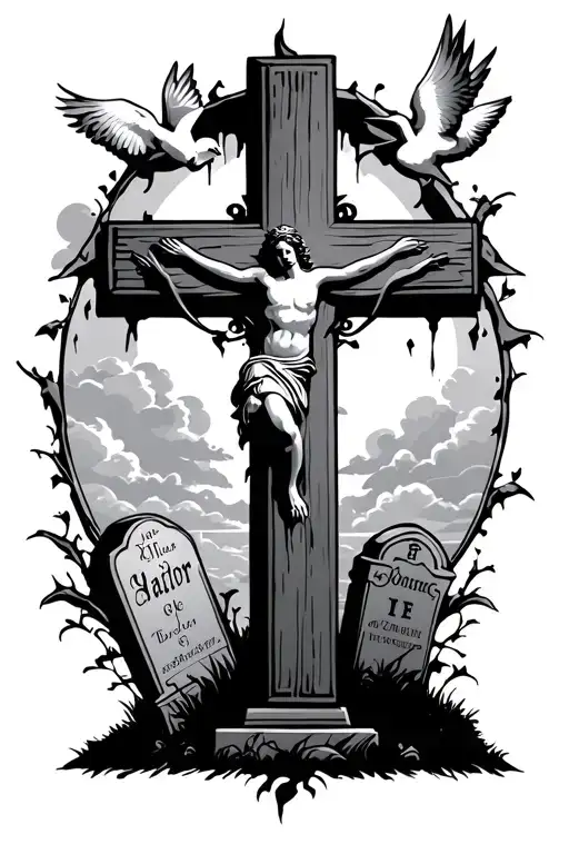 big cross tattoo with  rip, small tombstone in background,  doves, sky/clouds in background with black shading around tattoo design idea