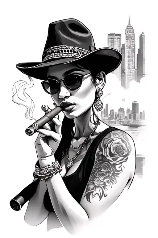 realistic chicano girl with new york city background smoking a cigar tattoo design idea