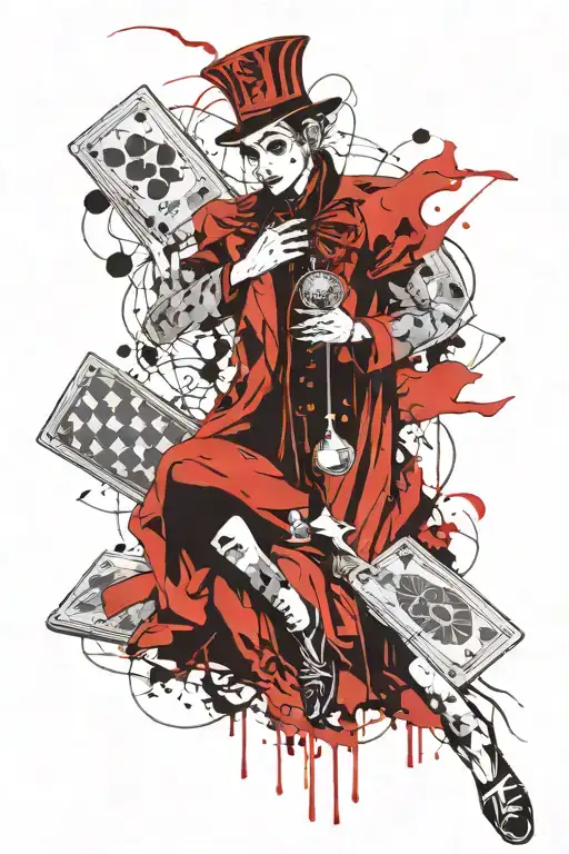 A buffoon shuffling a deck of tarot cards tattoo design idea