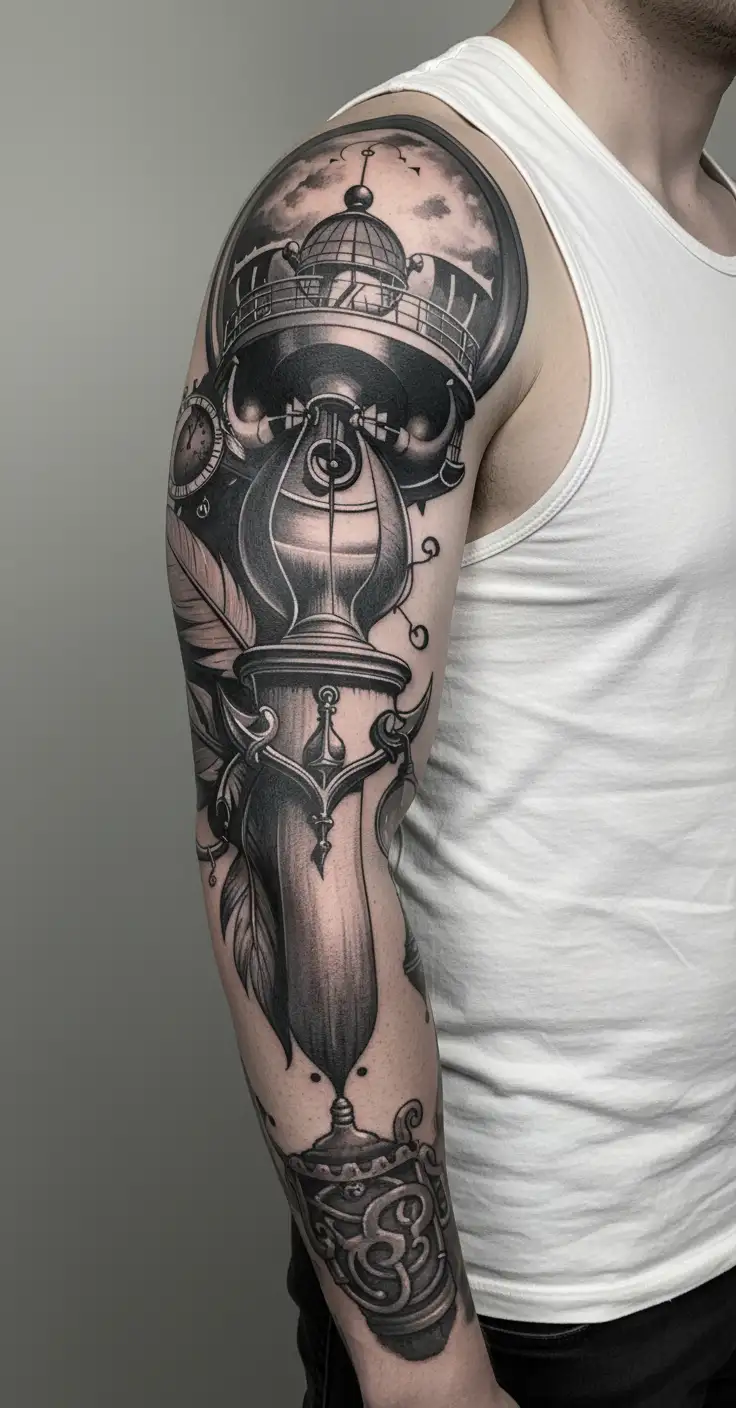 lighthouse, anchor, compass, quill pen, hour glass and magnifying glass tattoo design idea