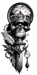 lighthouse, anchor, compass, quill pen, hour glass and magnifying glass tattoo design idea